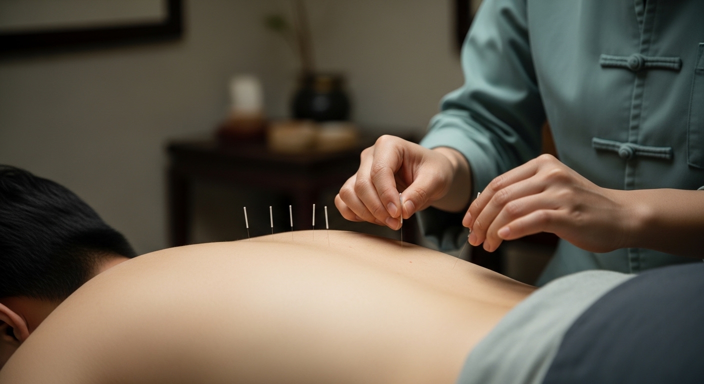 Acupuncture treatment in a calm clinic room